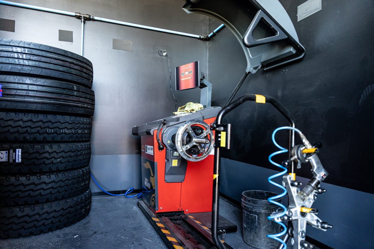 Truck tyre on a wheel balancing machine